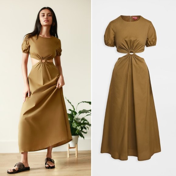 Staud Calypso Cut-out Waist Midi Dress Medium Caper Green Puff Short Sleeve